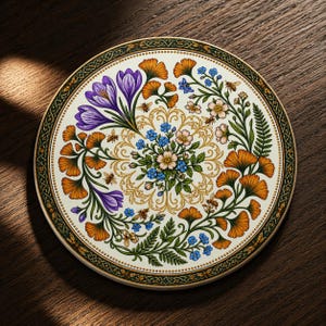 Peut inclure: Assiette décorative ronde avec un motif floral. L'assiette présente un fond crème avec des fleurs orange, violettes, bleues et vertes, ainsi que des abeilles. La bordure est vert foncé avec un motif doré.