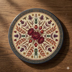 Posavasos redondo de cerámica color marfil con mandala botánico de peonía roja y diseño de escarabajo del bosque.