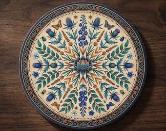 Posavasos redondo individual de cerámica con mandala botánico de loto azul y cardo en azul patinado.