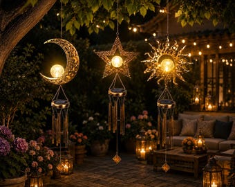 Zonne-zon maan ster windgong lichten, buiten hangende tuinverlichting op zonne-energie, hemelse metalen windgong, patiotuin veranda decor cadeau