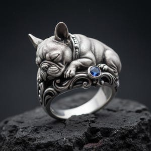 Sterling Silver French Bulldog Ring, Blue Sapphire Collar, Oxidized Scrollwork Statement Jewelry
