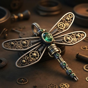 May include: A steampunk-style dragonfly pendant with intricate gear details on the wings. The pendant features a large, oval-cut green gemstone at the center and smaller green gems along the body. The metalwork is a mix of silver and gold tones.