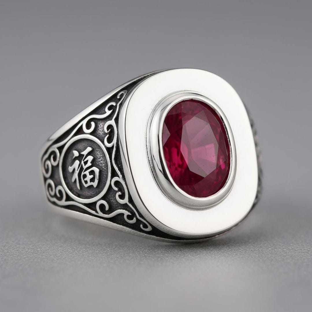Ruby Fu Sterling Silver Fu Signet Ring, Ruby Red Oval Stone, Chinese Ruyi Cloud ...