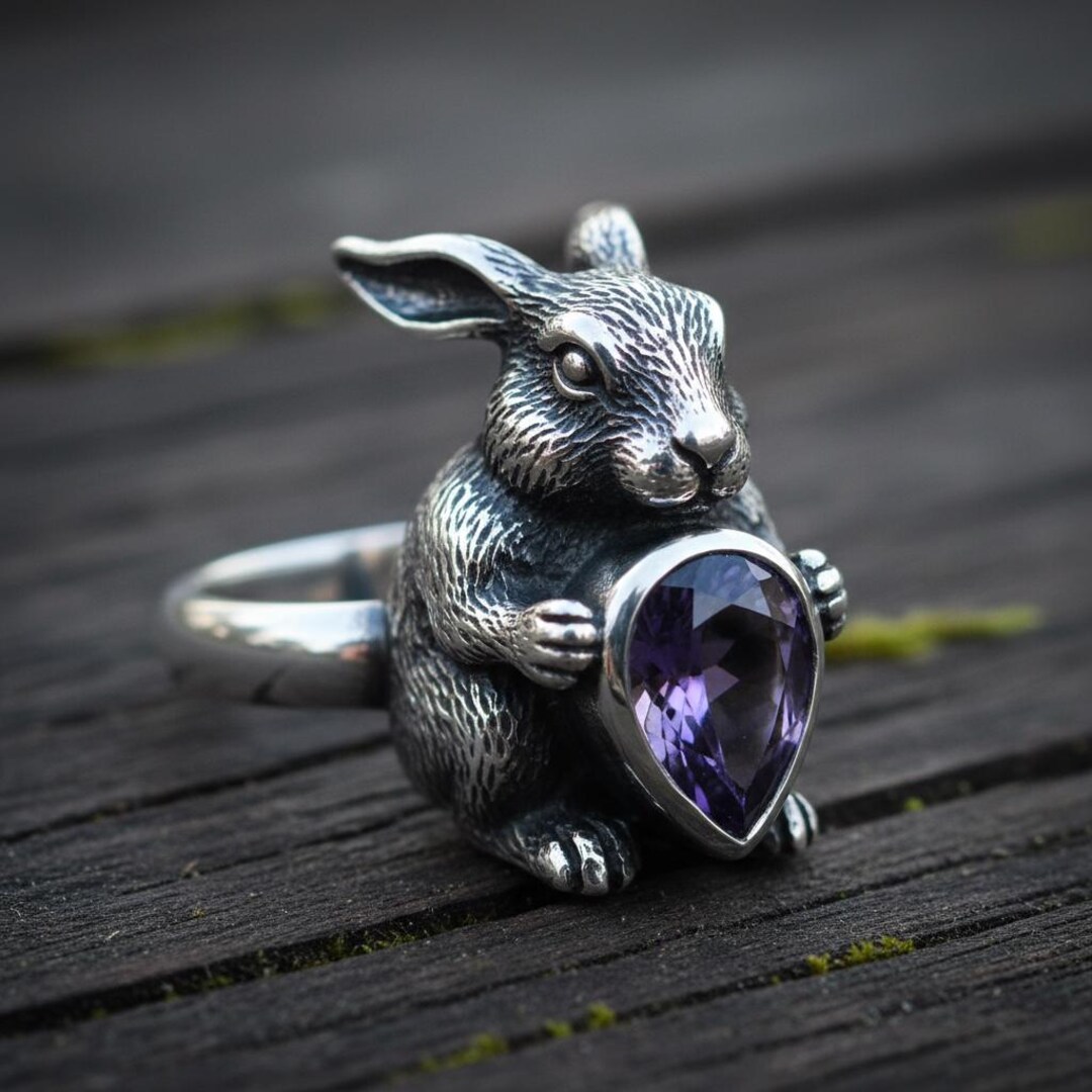 Metal Rabbit Chinese Ring Oxidized Sterling Silver Rabbit Ring, Amethyst Stone, Gothic Bunny ...