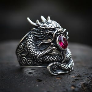 Puede incluir: Un anillo de plata detallado con un dragón y una gema roja. Las escamas y los detalles del dragón están intrincadamente tallados. El anillo se encuentra sobre un fondo oscuro y texturizado, resaltando el brillo del metal y el color de la gema.