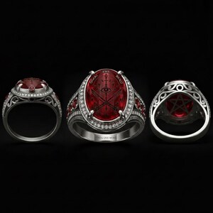 Anillo de sello gótico de plata de ley 925 con gema de rubí rojo, pentagrama y motivo de cristal.
