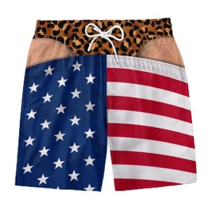 May include: Swim trunks featuring a leopard print waistband with white drawstring cords, a skin-toned graphic across the upper section, and a split design on the lower half with a blue field of white stars on the left and red and white stripes on the right.