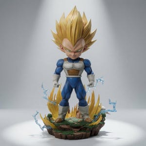Peut inclure: Une figurine stylisée d'un personnage aux cheveux blonds en pointe, portant une combinaison bleue avec une armure blanche sur la poitrine, les épaules et les bottes. La figurine repose sur un socle rocheux entouré de flammes d'énergie jaunes.