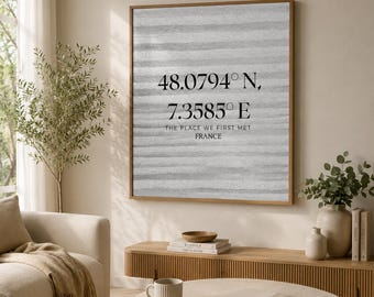 Print First Met Coördinaten, minimalistische poster voor koppels, aangepast geheugencadeau voor haar