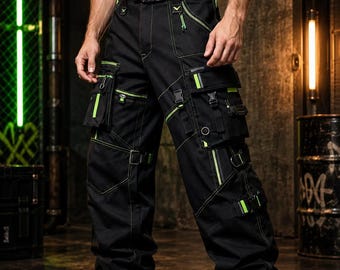 Pantaloni cargo da uomo in stile gotico cyberpunk, verde neon, techwear streetwear, gamba larga, punk rave.