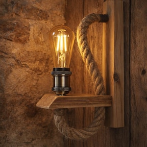 Op de afbeelding: Rustieke wandlamp met een vintage Edison-lamp. De armatuur is gemaakt van hout, metaal en touw, gemonteerd op een houten plank. Het warme licht contrasteert met de textuur van steen en houten achtergrond.