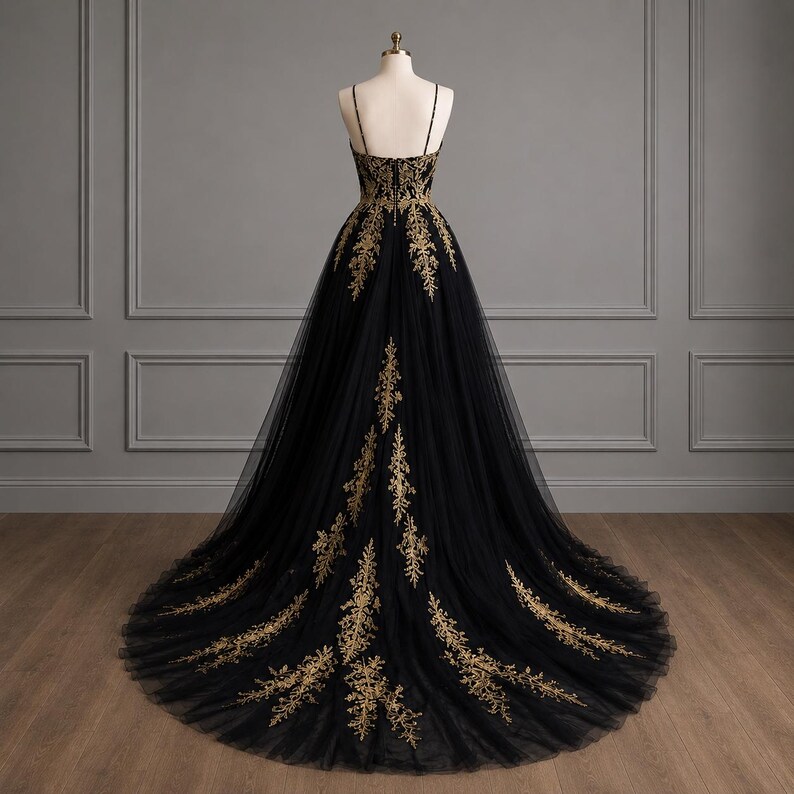 Black Tulle Gothic Wedding Dress, Gold Embroidery A-line Bridal Gown ...