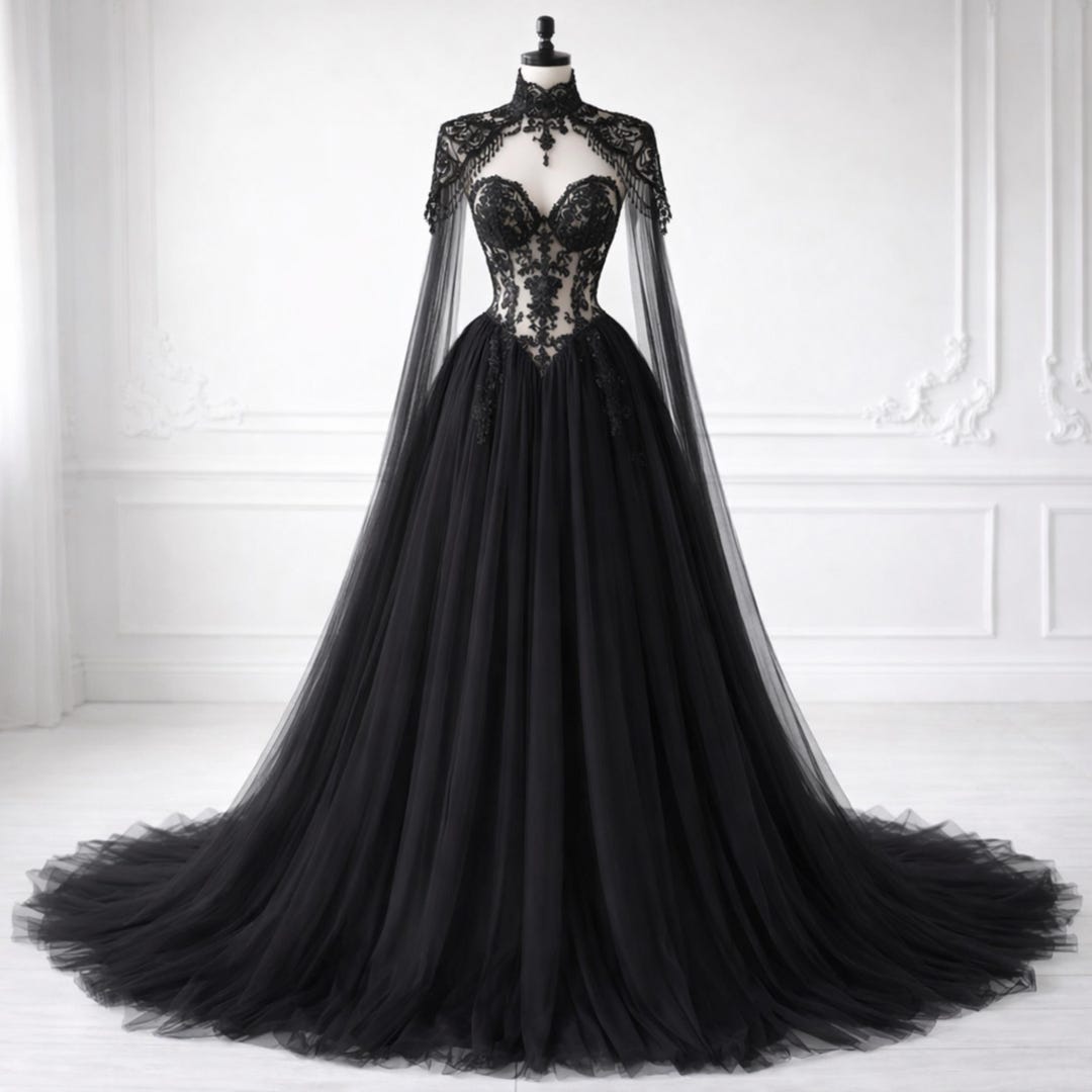 Black Gothic Wedding Dress - Lace Corset, Tulle Skirt, Victorian Bridal ...