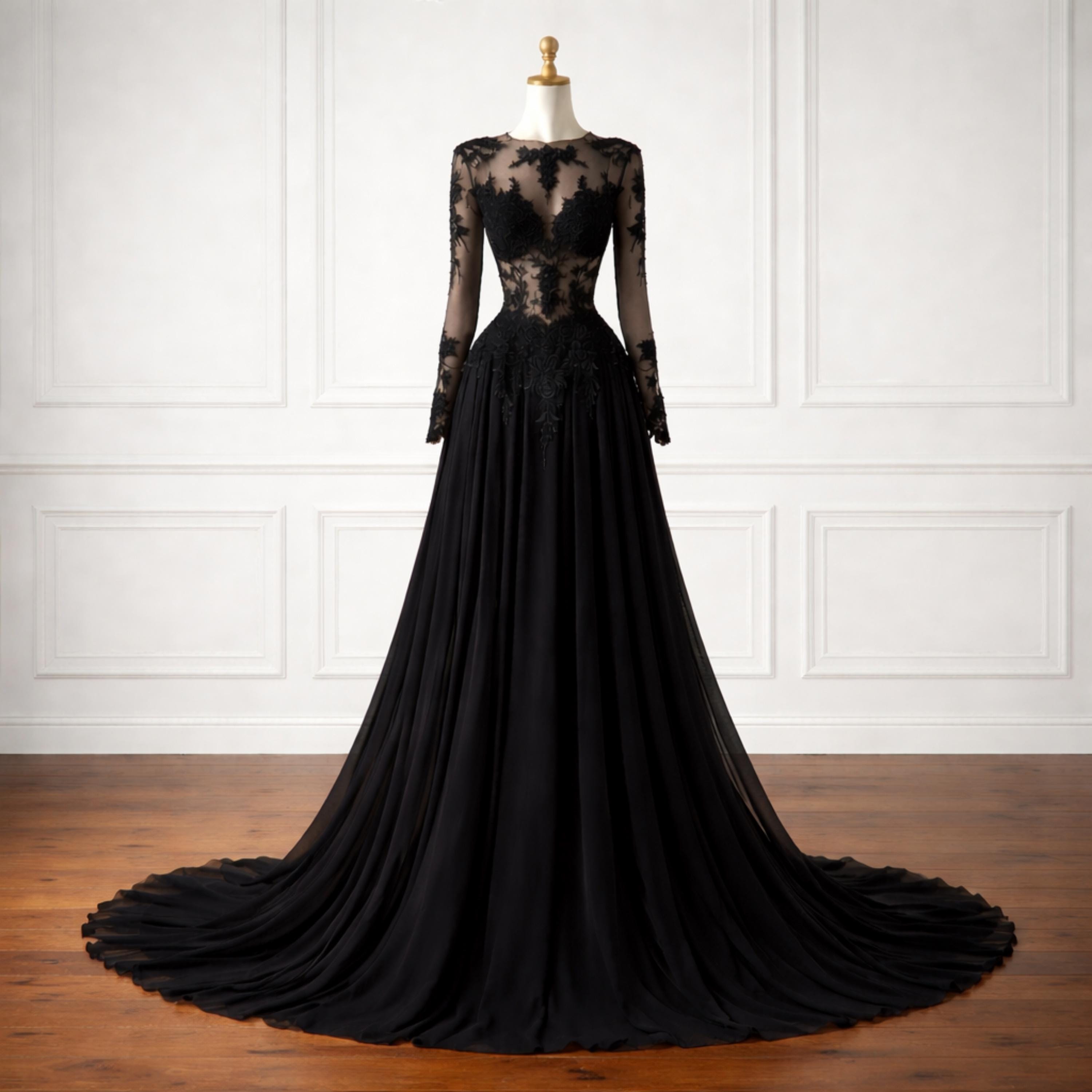 Black Gothic Wedding Dress, Illusion Lace Bodice, Long Sleeve Tulle ...