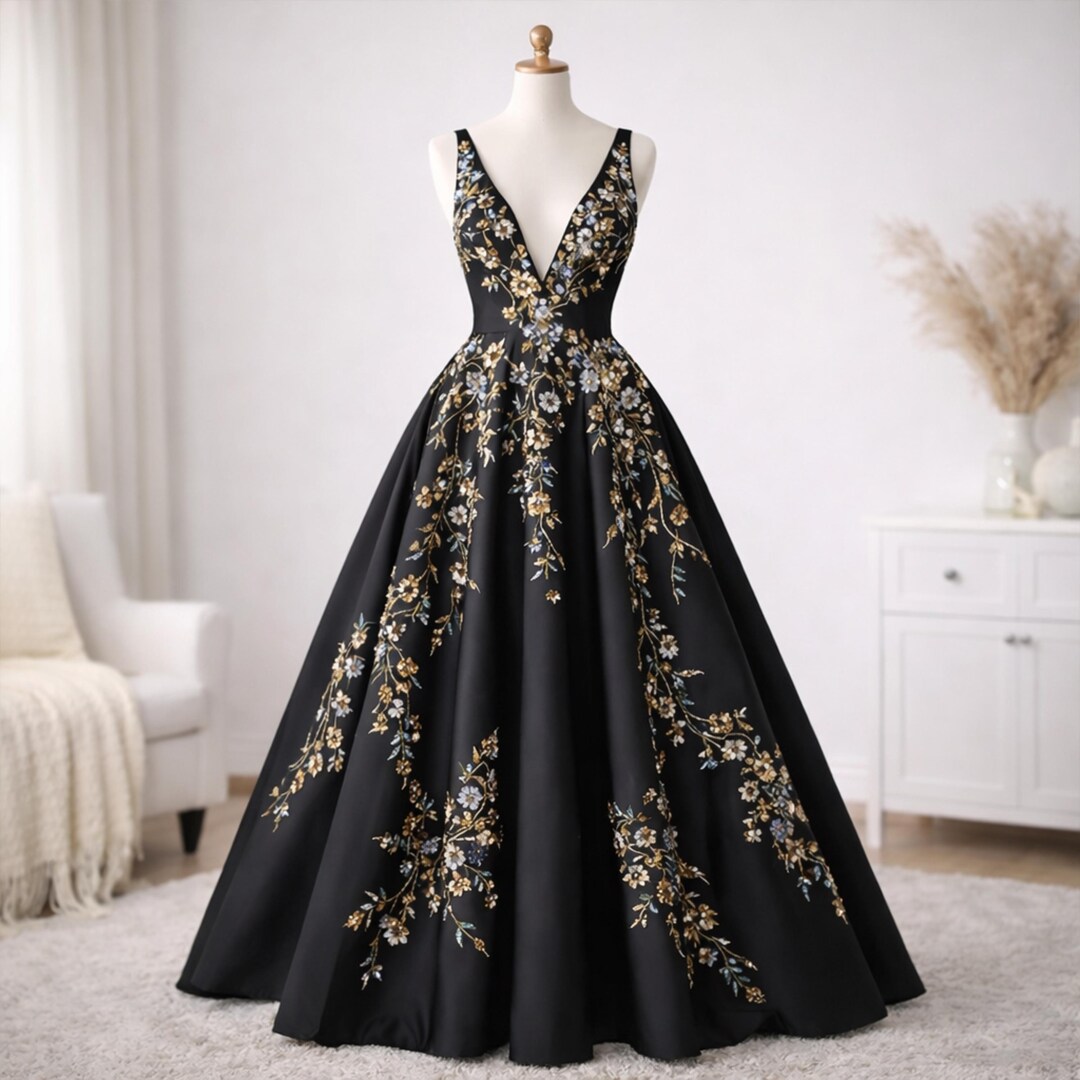 Gothic Black Wedding Dress With Gold Floral Embroidery, Satin A Line ...