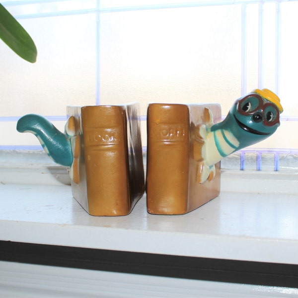 Vintage Bookworm Bookends Heavy Plaster