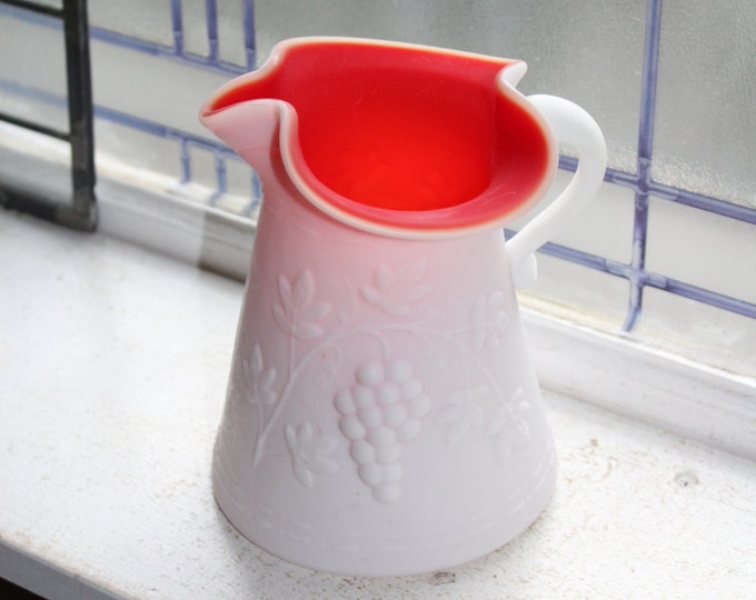 White Satin Glass Pitcher Red Cased Kanawha Vintage 1960s Grape Pattern