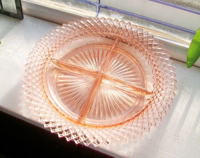 Pink Depression Glass Divided Relish Tray Miss America Diamond Vintage 1930s
