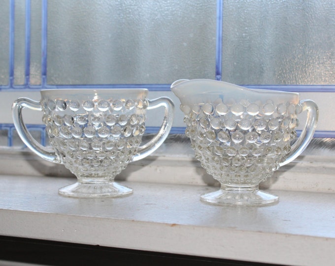 Moonstone Sugar Bowl and Creamer Opalescent Hobnail Anchor Hocking Vintage 1940s