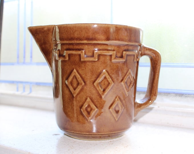 Vintage Stoneware Pitcher Brown Glazed 1940s Farmhouse Decor