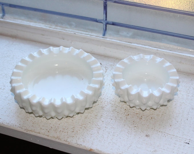 Vintage Fenton Milk Glass Hobnail Round Ashtrays Pair