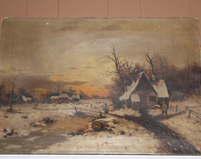 Antique North Dakota Folk Art Painting Winter Farm Scene 1890