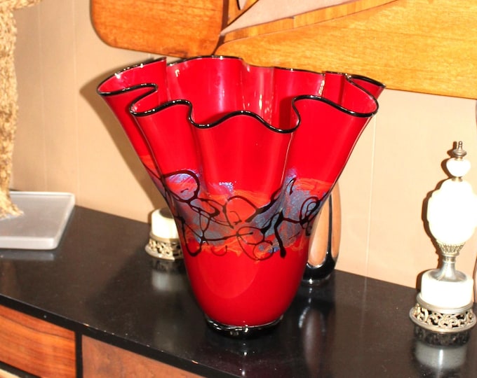 Huge Michael Nourot Studio Art Glass Fluted Vase Red Satin Series 17" 2003