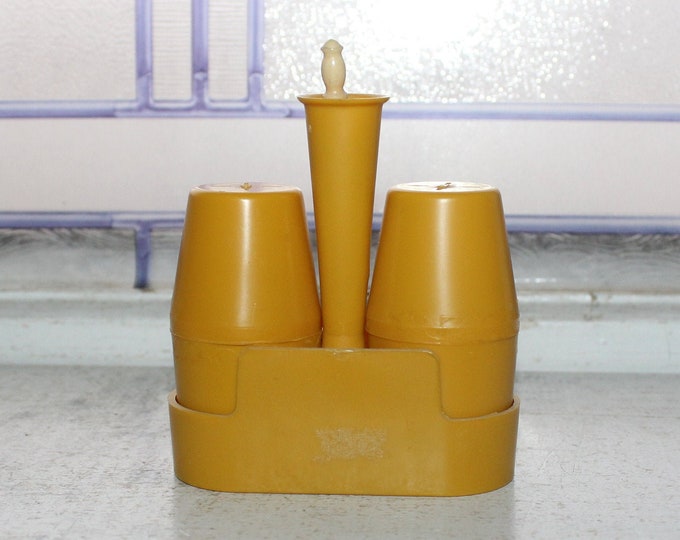 Vintage 1970s Yellow Plastic Salt and Pepper Shakers with Stand & Pick