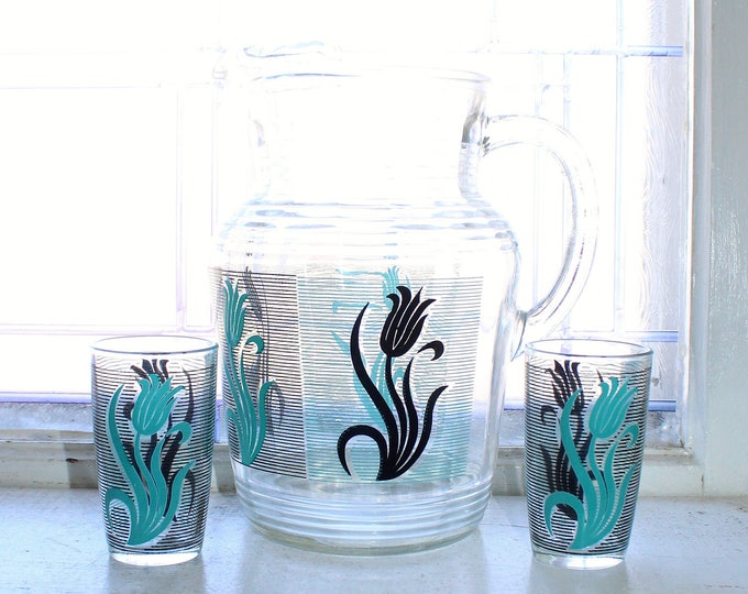 Mid Century Glass Pitcher and 2 Tumblers Black & Turquoise Tulips