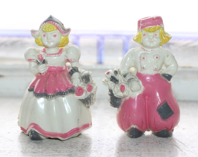 Vintage Salt and Pepper Shakers Celluloid Dutch Boy and Girl 1920s