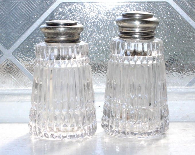 Antique Crystal Salt and Pepper Shakers Sterling Silver & Mother of Pearl Lids