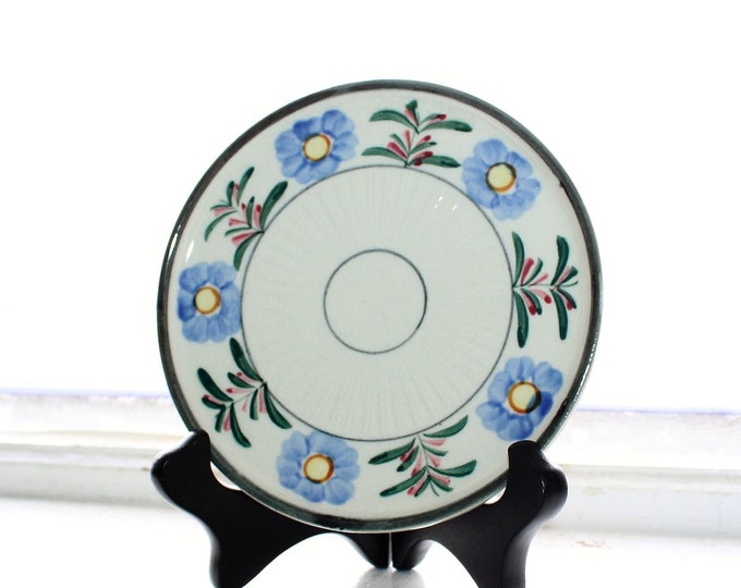 Vintage Round Stoneware Trivet Blue Floral Decoration Hand Painted