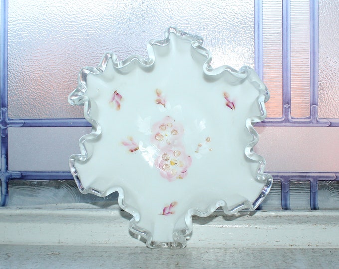 Fenton Glass Silver Crest Bon Bon Dish with Pink Flowers Vintage 1950s