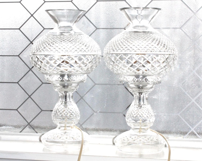 Waterford Crystal Table Lamp Pair Inishmaan 14" Diamond Cut Hurricane Lamp