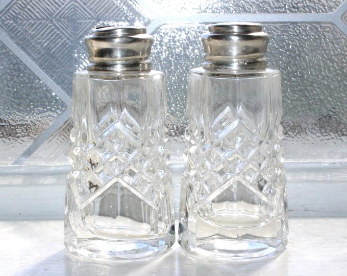 Antique Crystal Salt and Pepper Shakers Sterling Silver & Mother of Pearl Lids
