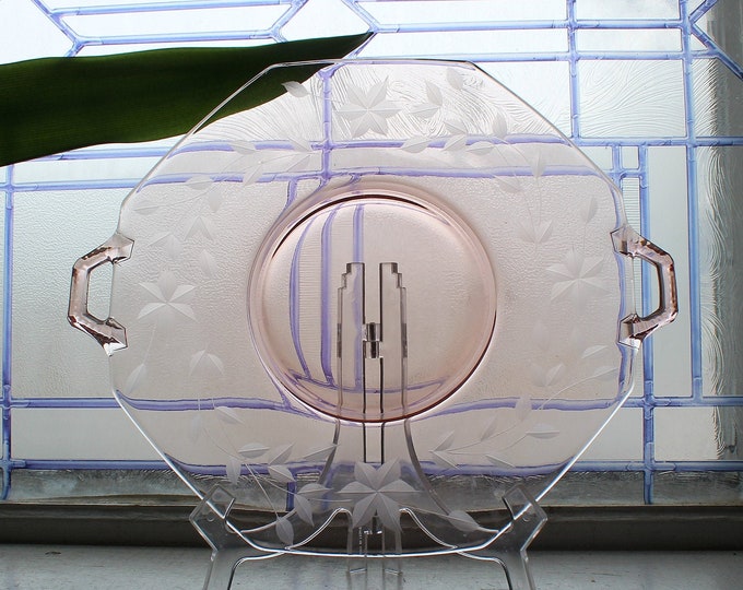 Vintage Pink Depression Glass Handled Tray Plate Cut Floral Design