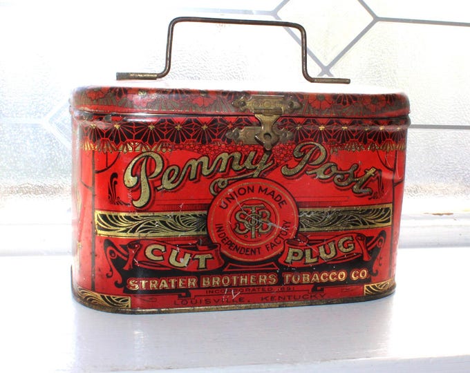 Antique Tobacco Tin Penny Post Cut Plug Lunch Pail Style