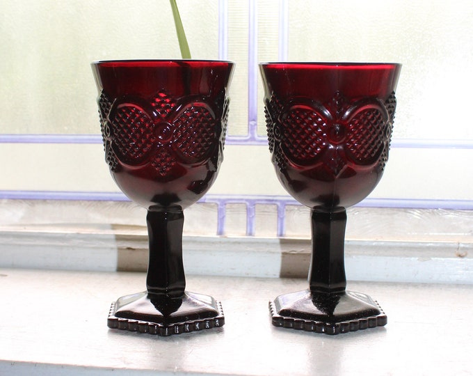 2 Ruby Red Avon Cape Cod Elegant Wine Glasses Fostoria Unused with Box