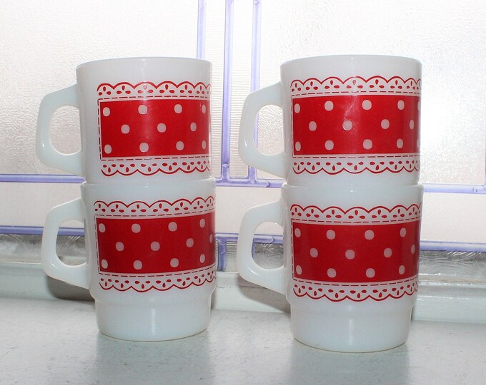 4 Fire King Mugs Red & White Polka Dot Lace Stacking Vintage 1960s