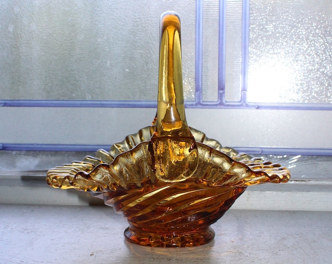 Vintage Amber Swirl Glass Basket with Crimped Rim