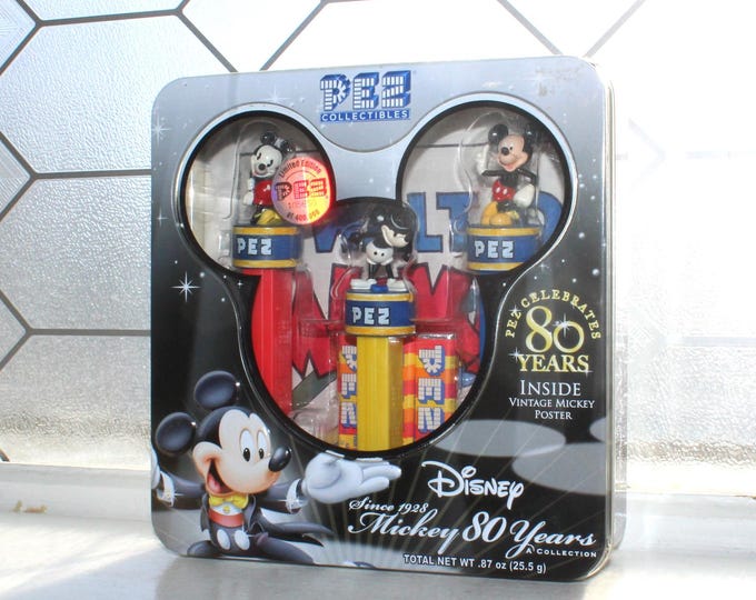 Disney Mickey Mouse 80 Years Tin w/ Poster & 3 Pez Candy Dispensers