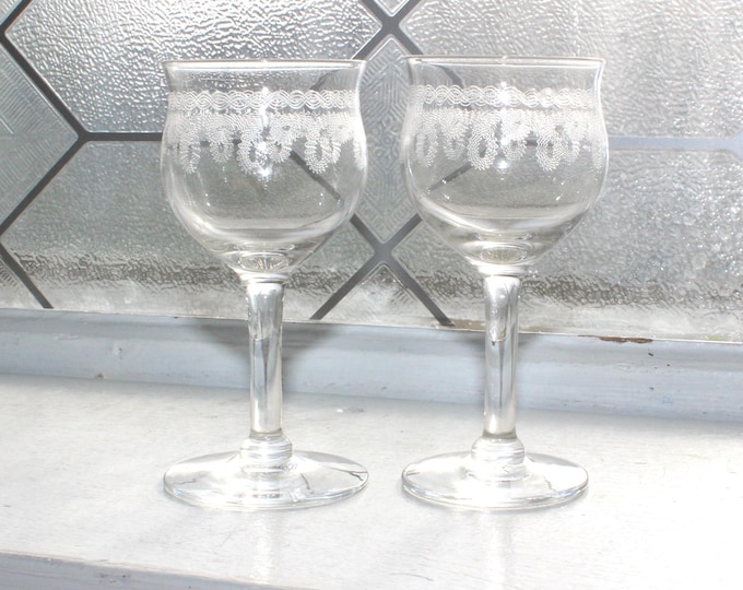2 Antique Etched Cordial Schnapps Glasses Handblown