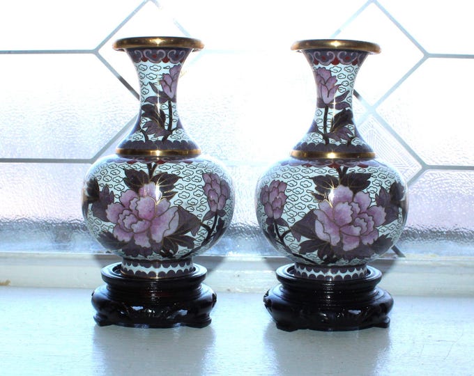 Pair of Vintage Chinese Cloisonne Vases with Wood Stands