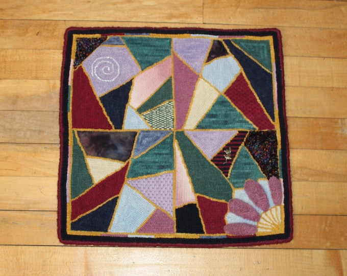 Vintage Hooked Rug Table Mat Wall Hanging Crazy Quilt and Kitten