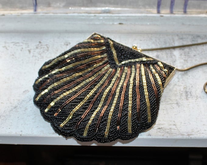Vintage Black and Gold Beaded Purse Evening Bag Mid Century