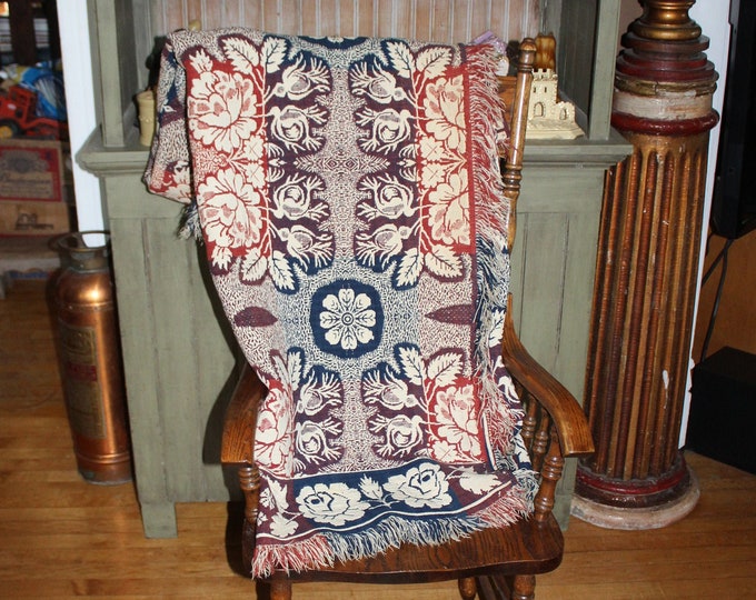Antique Wool Coverlet 4 Color Reversible 19th Century Jacquard Weave
