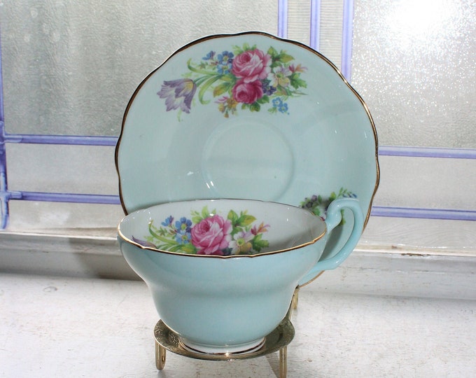 Vintage Foley Tulip Bone China Teacup & Saucer Pale Blue with Flowers