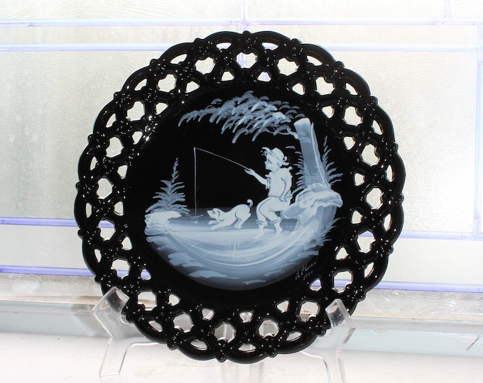 Westmoreland Black Glass Plate Pierced Floral Border Hand Painted
