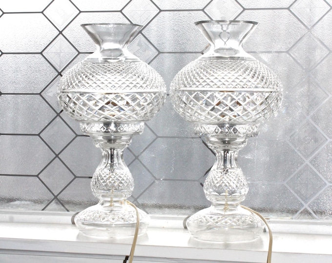 Waterford Crystal Table Lamp Pair Inishmaan 14" Diamond Cut Hurricane Lamp