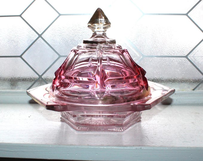 Antique EAPG Northwood Glass Round Butter Dish Atlas Pink Blush